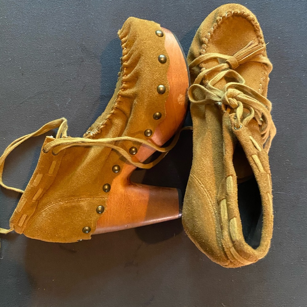 SOLD💔FLOGG mustard suede Demi wooden platform shoe 8.5 - Picture 10 of 11